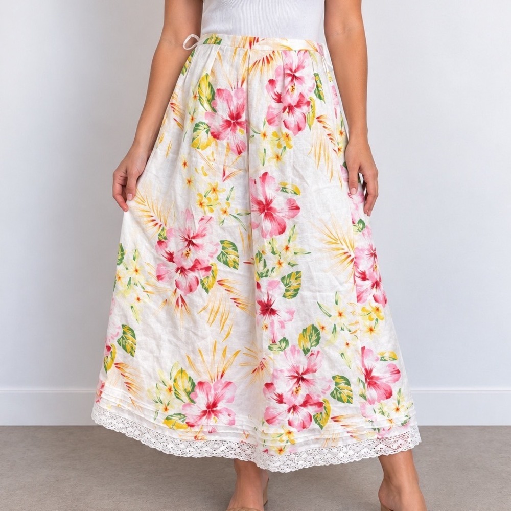 Cynthia Howie 100% Linen Maxi Skirt 8 Tropical Floral Hibiscus Lace Trim Resort